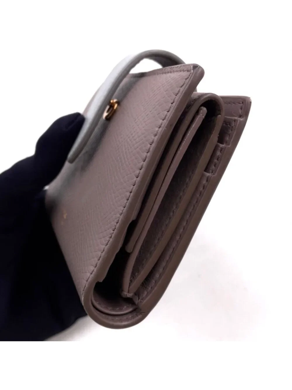 Celine Strap Wallet Leather Gray Bifold Gold